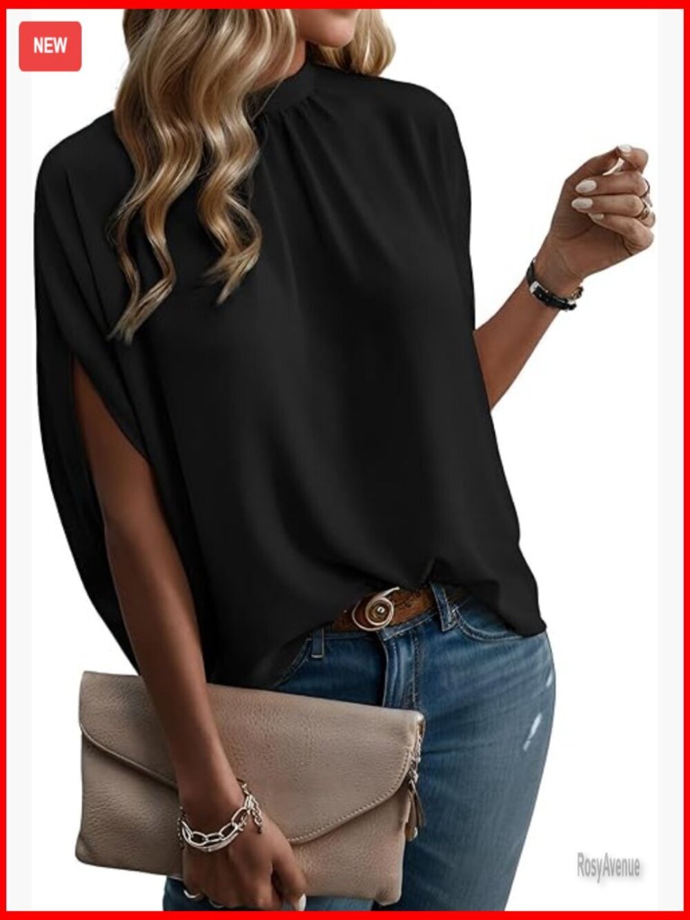 Ribbed Tunic Blouse Mock Neck Batwing Sleeve Tops Loose Fit Tie Back Summer